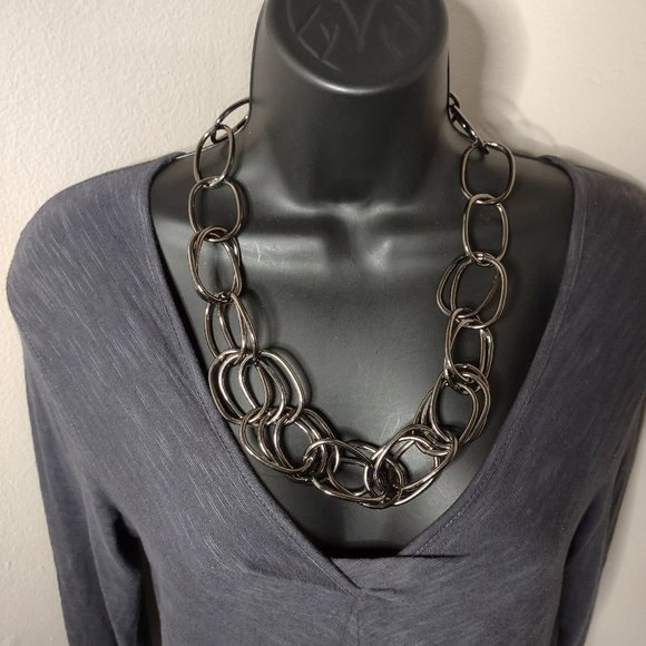Dark Silver Tone Large Link Necklace Adjustable 26 To 26 Inches Long - Picture 1 of 10